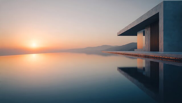 Modern minimalist concrete villa with infinity pool at sunset. Luxury architectural design, calm water reflection, and scenic mountain view. Serene, elegant, and peaceful atmosphere.