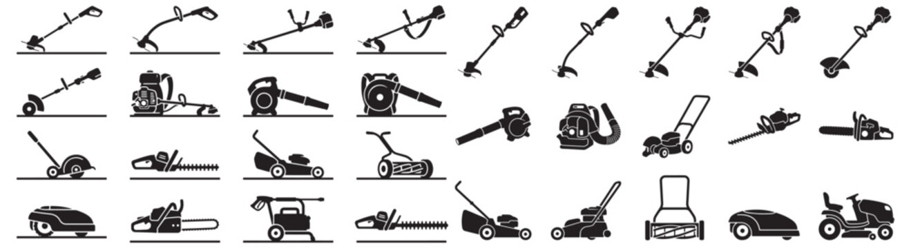 Lawn And Garden Tools Icons Set &mdash; Mowers, Trimmers, Blowers, Chainsaws And Hedge Equipment Silhouettes
