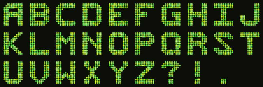 Green Dot Matrix Alphabet Font Set Digital LED Display Style Letters for Retro Tech Graphic Design Projects