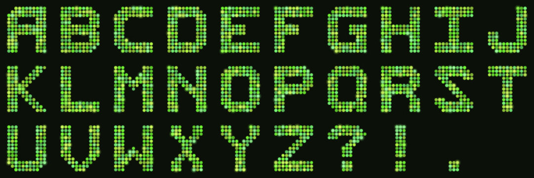 Green LED Dot Matrix Alphabet Font Set for Digital Display and Retro Tech Graphic Design Projects