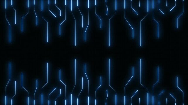 Abstract blue neon circuit board pattern glowing background. Technology circuit symbol for computer hardware processing. Digital circuit board animation.