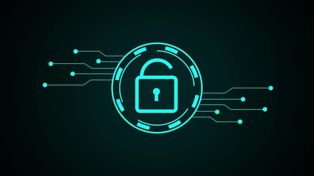 Unlocked padlock with cyan circuitry and data streams. Granted access symbol for decrypted technology system safety. Digital padlock animation for firewall.