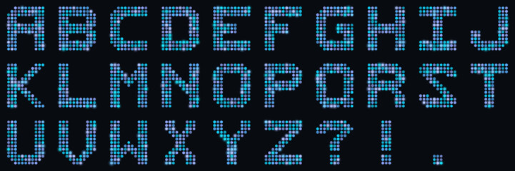 Digital LED Dot Matrix Alphabet Set with Blue Neon Glowing Letters for Technology and Retro Gaming Graphic Design © SimpleDesignStudio
