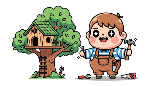 Happy Boy Building Treehouse With Tools And Smiling.