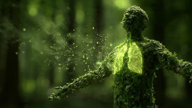 a human figure made of green leaves with glowing, healthy lungs breathing in a fresh forest. Symbol of nature, wellness, and environmental health.