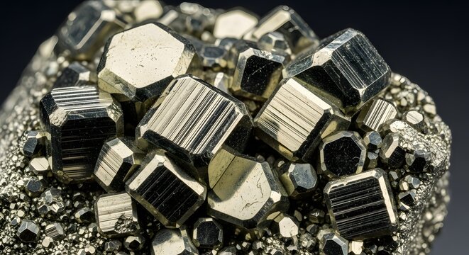 Macro close up of metallic gold and silver pyrite crystals showcasing their natural cubic formations