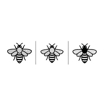 Three stylized black and white bee illustrations in row.