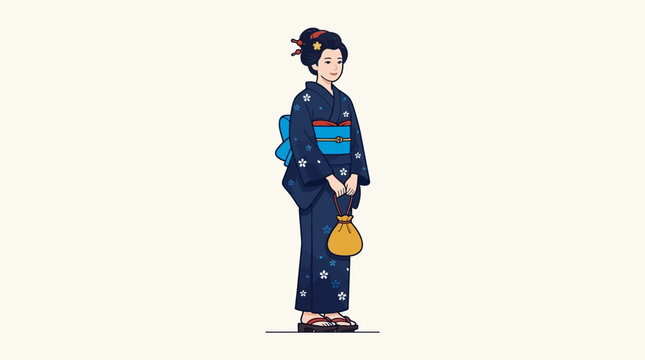 Japanese Woman in Traditional Navy Blue Floral Kimono and Obi, Flat Vector Illustration Isolated on White Background