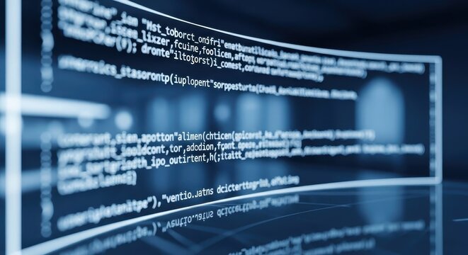 Abstract digital code scrolling on a computer screen with blurred blue background and glowing lines.