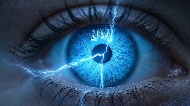 Electric surge through glowing iris with lightning radial patterns blue