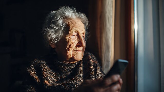 An elderly woman with white hair sitting indoors near a window, thoughtfully looking away while holding a smartphone. Heartfelt concept of senior connectivity, aging, and loneliness.