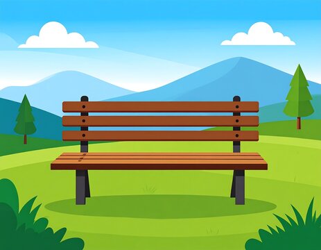 Cartoon-style illustration of a park bench in front of rolling hills, trees, and fluffy clouds under a blue sky. A simple, inviting scene