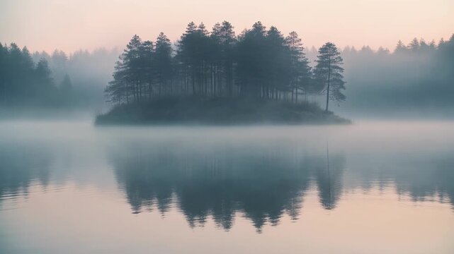 Misty lake with a small forested island reflecting on calm water at dawn
