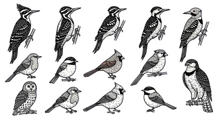Collection of Hand-Drawn Forest Birds: Woodpeckers, Owl, Cardinal, Chickadee © Teh