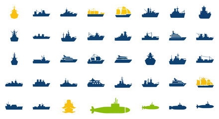 Diverse Collection of Ship and Boat Silhouettes: Navy, Cargo, Sailboat, Yacht, Submarine © Teh