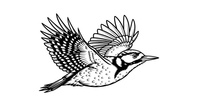 Detailed illustration of a blue jay in mid-flight, wing spread, black and white sketch style