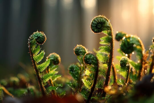 Fern fiddleheads sprouting in a sunlit forest with beautiful golden hour bokeh for environmental conservation campaigns