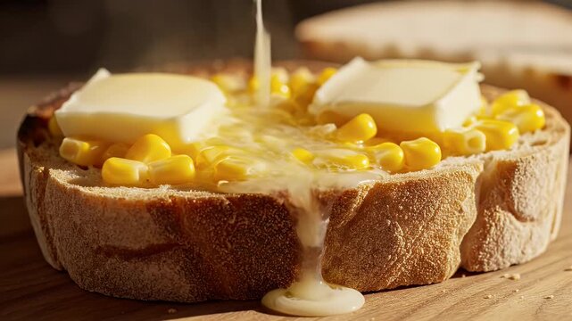 Rustic slice of crusty bread topped with butter and scattered corn kernels in a simple kitchen setting