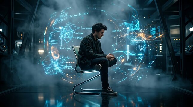 Man thinking amidst glowing data holograms in a dark laboratory