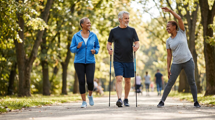 Fototapeta premium Group of elderly people exercising in nature. Sport 