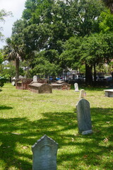 Naklejka premium Historic Graveyard with Old Tombstones and Brick Vaults Under Large Green Oak Trees