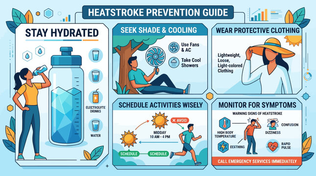 Heatstroke Prevention Guide Infographic with Tips for Summer Safety, Hydration, Sun Protection, and Heat Exhaustion Symptoms Awareness