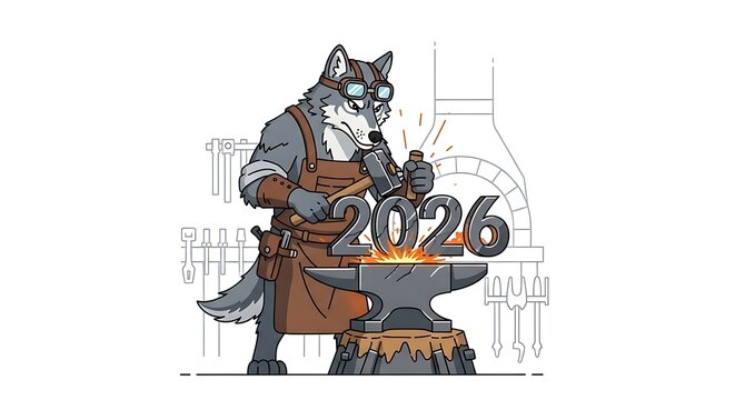 Cartoon wolf blacksmith, wearing goggles and apron, forging the year 2026 on an anvil with tools in background