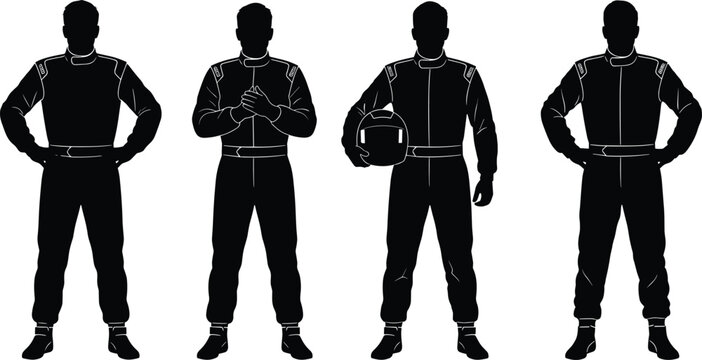 Black and white silhouette illustration of race car drivers in professional racing suits with helmet and various standing poses, motorsport attire and protective gear design