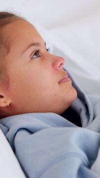Bed, cough and sick with girl child in home for symptoms of disease, illness or infection. Allergies, hayfever and influenza reaction of kid in apartment bedroom for healthcare, sinusitis or virus