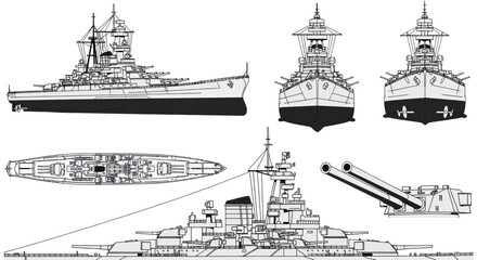 Vintage Battleship Blueprint Illustration - Naval Warship Design Schematics © umi
