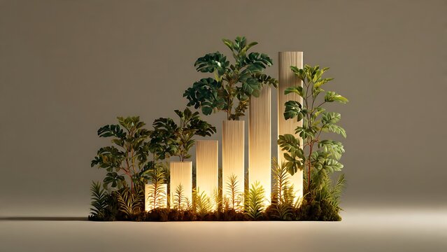 Minimalist bar graph display made of glowing light pillars and growing green plants against a neutral studio backdrop. Concept of green business, ESG growth, and sustainable success.