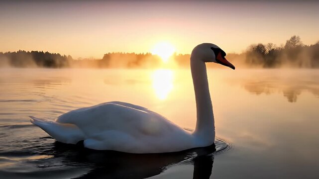 Serene sunrise over a misty lake featuring a solitary swan gliding gracefully