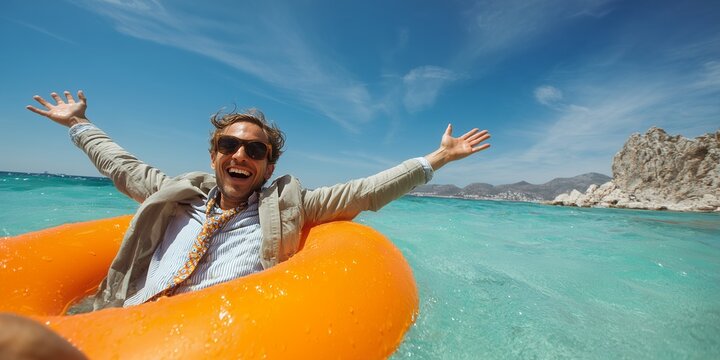 Happy project manager in business suit and tie floating with orange inflatable ring in tropical turquoise ocean water, concept for work-life balance, vacation freedom and retirement success