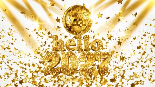 Shimmering Golden Hello 2027 Text with Glitter Ball Emitting Sparkles for New Year Celebration