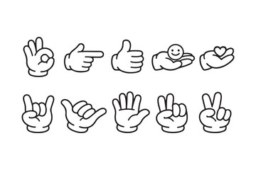 Fototapeta premium Set of ten hand gestures expressing different emotions and actions black line art.
