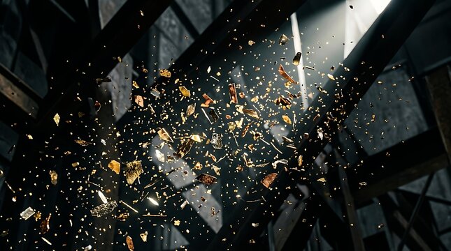 Golden fragments shattering against dark steel beams in light rays