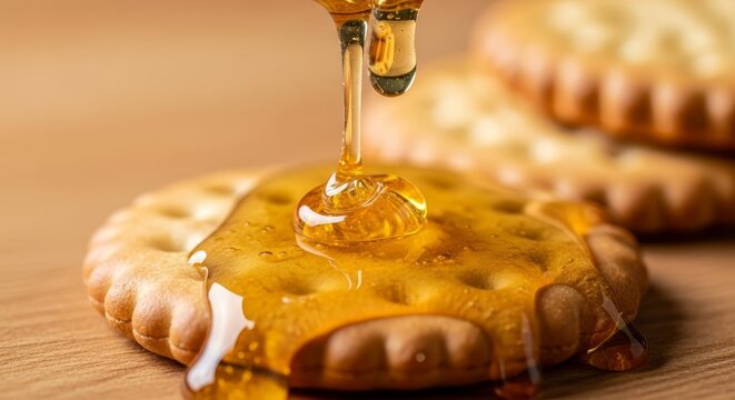 Golden honey dripping onto a textured biscuit, captured in detailed macro photography