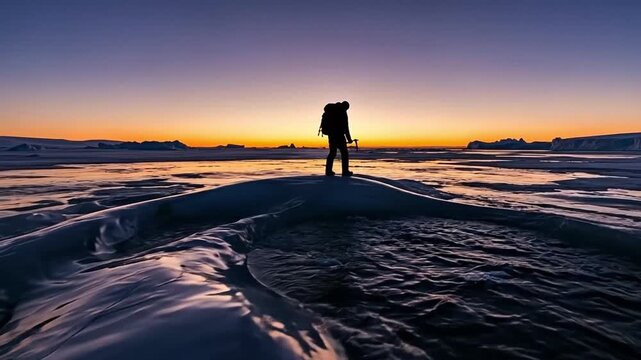 Lone male explorer standing on frozen arctic ice formation at sunset, representing adventure, climate change, resilience, and extreme travel exploration concept