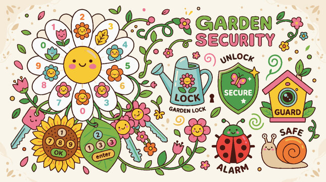 Garden security concept illustration with cute flower keypad and icons