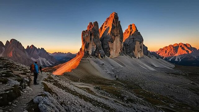 Hiker standing on mountain trail at sunrise admiring dramatic rocky peaks, adventure travel concept, male backpacker exploring alpine landscape, outdoor exploration and freedom