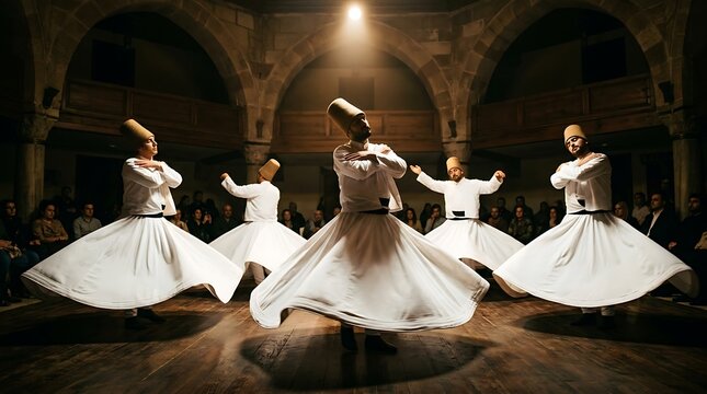 Whirling dervishes performing sufi dance in a historic hall