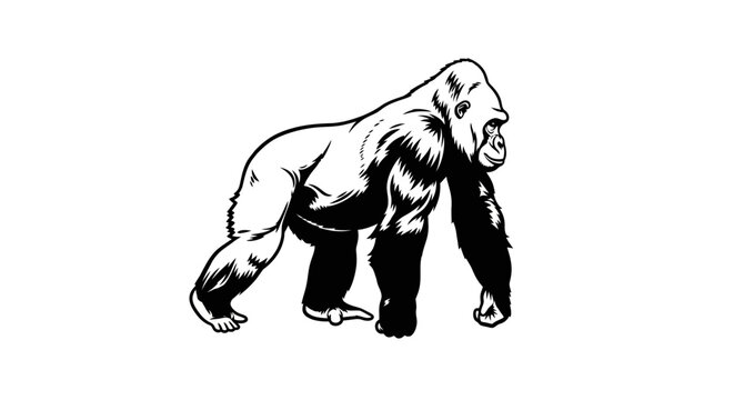 Gorilla, black and white illustration, vector animal, primate icon