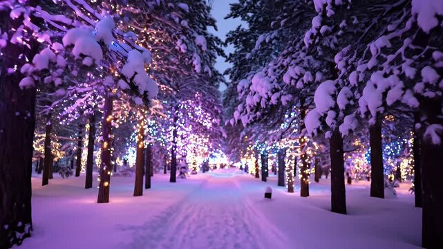 Snowy Park Path Wrapped in Purple Night Lights Beneath Snow-Laden Trees