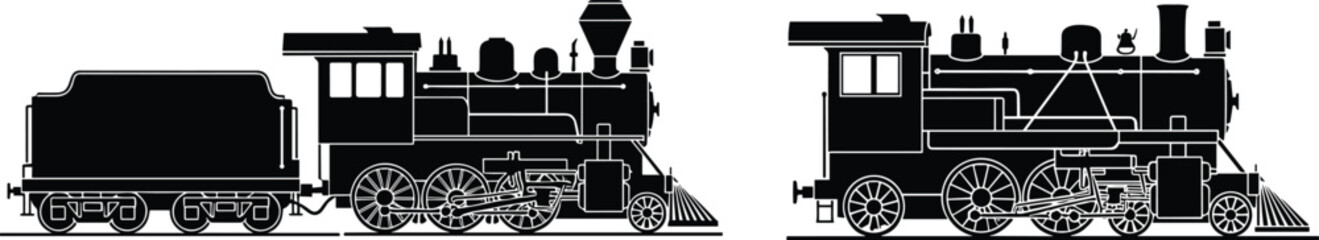 Two detailed black steam locomotive silhouettes with visible mechanical components, one with tender car, isolated on white background, ideal for vintage train, engineering, and transport design. © Rubina
