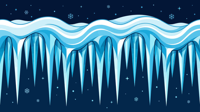 Cartoon Ice Icicles Border with Snow and Dark Night Sky Background