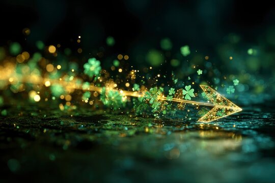 Golden spearhead trailing glowing shamrocks across wet pavement in a cinematic macro shot for st patricks day and holiday marketing