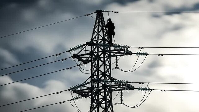 Utility worker repairing high voltage power lines on transmission tower during winter storm with ice and icicles, dangerous electrical infrastructure maintenance concept