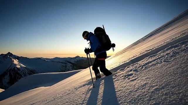 Backcountry ski mountaineer climbing a steep snowy mountain slope at sunrise, alpine adventure athlete with gear and backpack trekking in winter wilderness for extreme sport