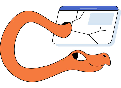 Orange snake crawls out of a hole in a cracked browser window vector illustration. Cyber security, malware, software bug, data breach, internet safety, system error. Reptile exiting damaged web