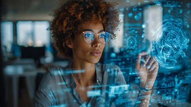 Professional Black woman engineer analyzing complex digital data holograms on a futuristic virtual screen in a modern office. Concept of AI technology, cybersecurity, and data science.